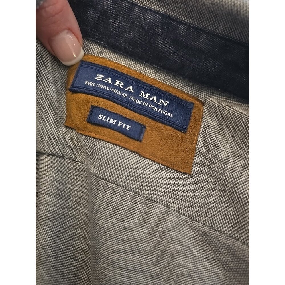Zara Man Shirt Men Gray Elbow Patches Button-Up Dress Blue Slim Fit Long Sleeve - Picture 6 of 7